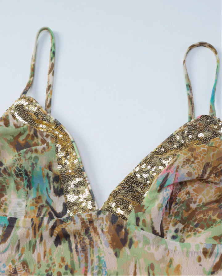 SOLACELeopard Print Sequin Trim Spaghetti Strap Cami Crop Top