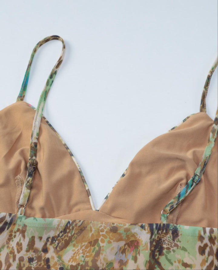 SOLACELeopard Print Sequin Trim Spaghetti Strap Cami Crop Top