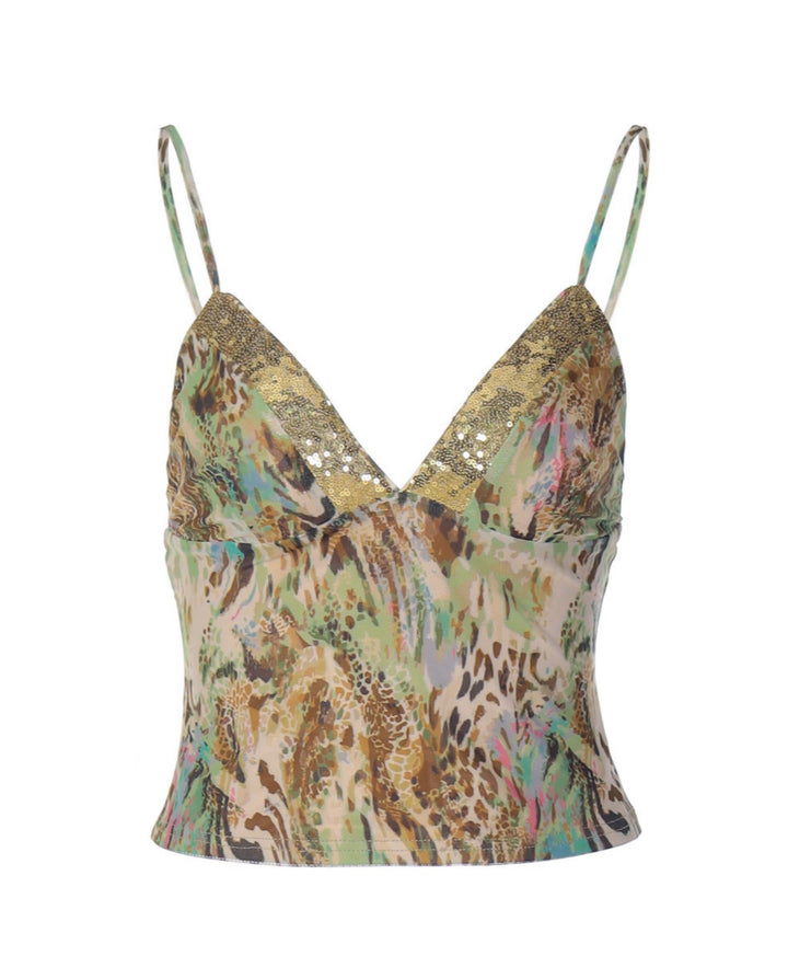 SOLACELeopard Print Sequin Trim Spaghetti Strap Cami Crop Top
