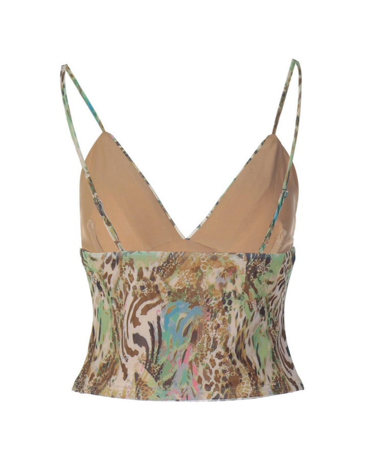 SOLACELeopard Print Sequin Trim Spaghetti Strap Cami Crop Top