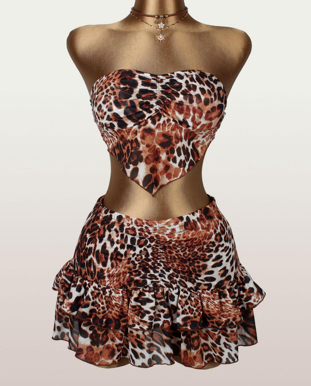 SOLACELeopard Print Strapless Hem Tube Top Mini Skirt Set