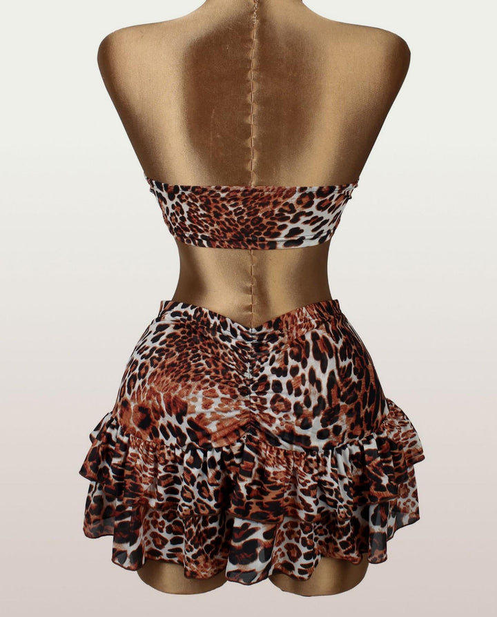 SOLACELeopard Print Strapless Hem Tube Top Mini Skirt Set