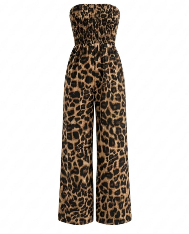SOLACELeopard Print Strapless Wide Leg Jumpsuit