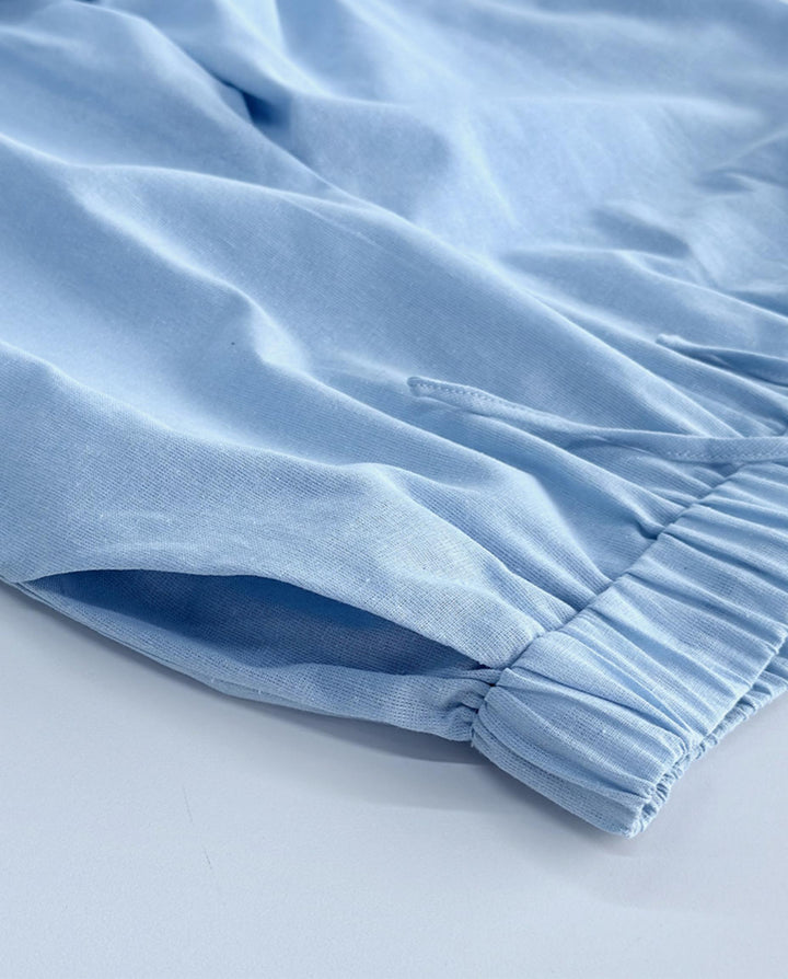 SOLACELight Blue Cotton Puff Sleeve Peplum Top Wide Leg Pants Set