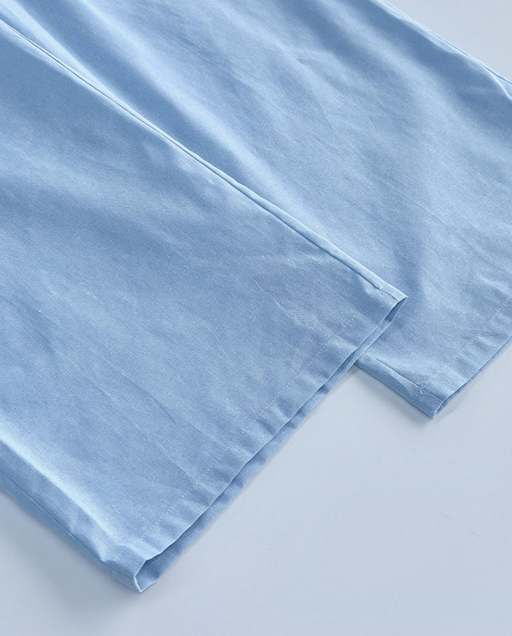 SOLACELight Blue Cotton Puff Sleeve Peplum Top Wide Leg Pants Set