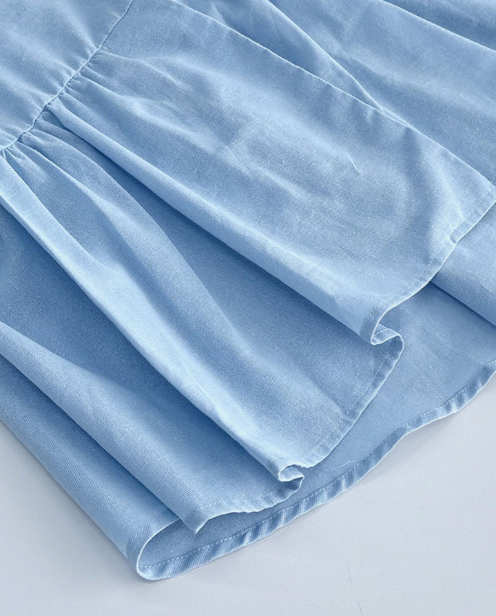 SOLACELight Blue Cotton Puff Sleeve Peplum Top Wide Leg Pants Set