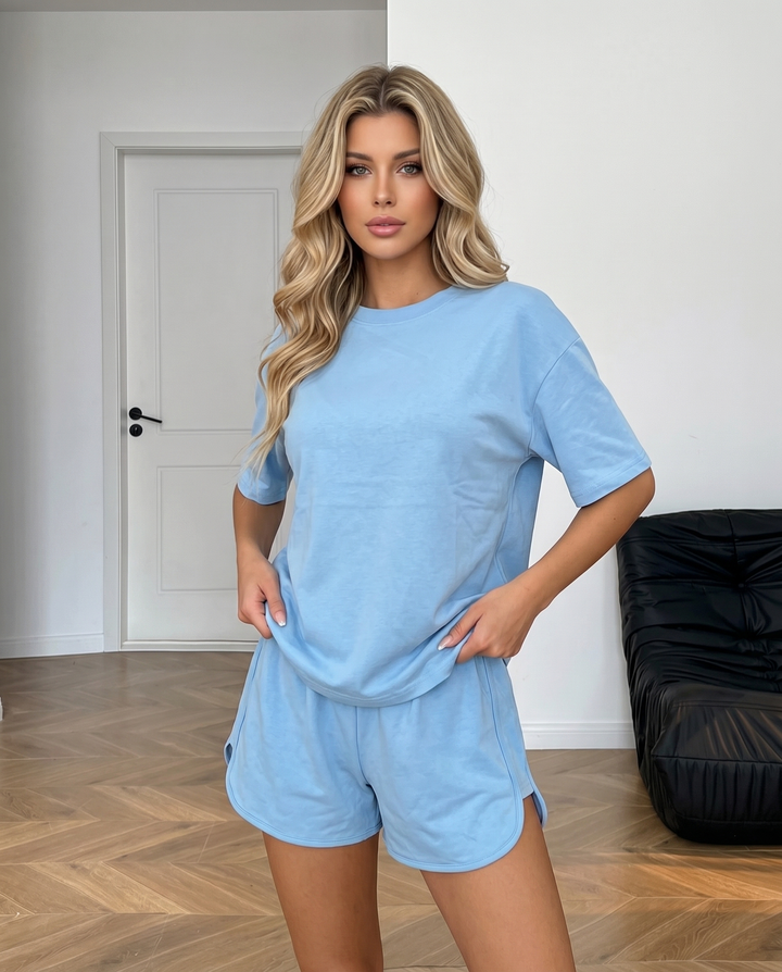 SOLACELight Blue Crew Neck Short Sleeve Split Hem Two Piece Set