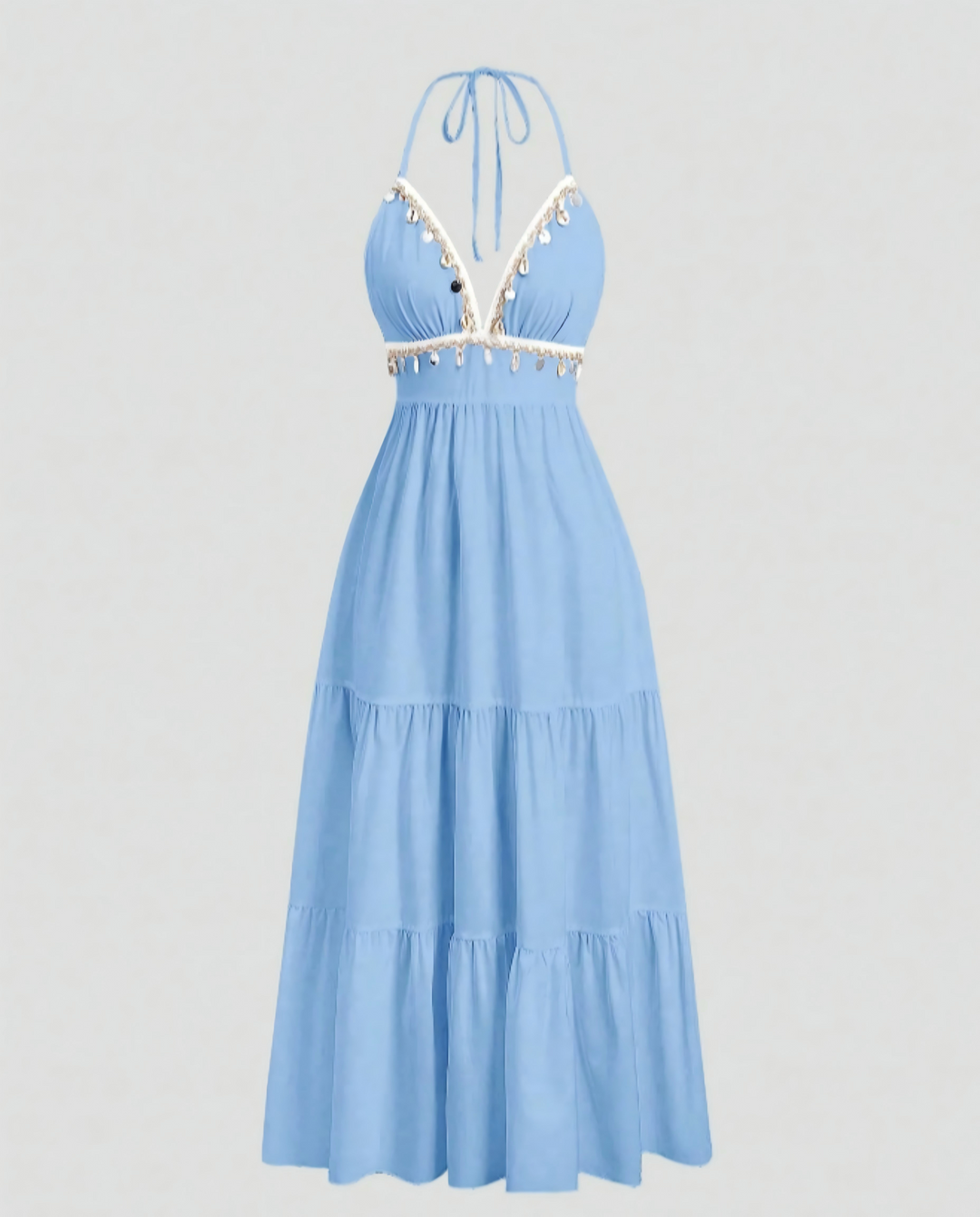 SOLACELight Blue Halter V Neck Coin Trim Tiered Midi Dress