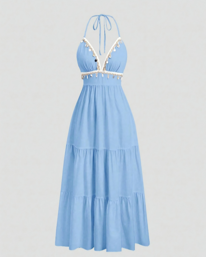 SOLACELight Blue Halter V Neck Coin Trim Tiered Midi Dress