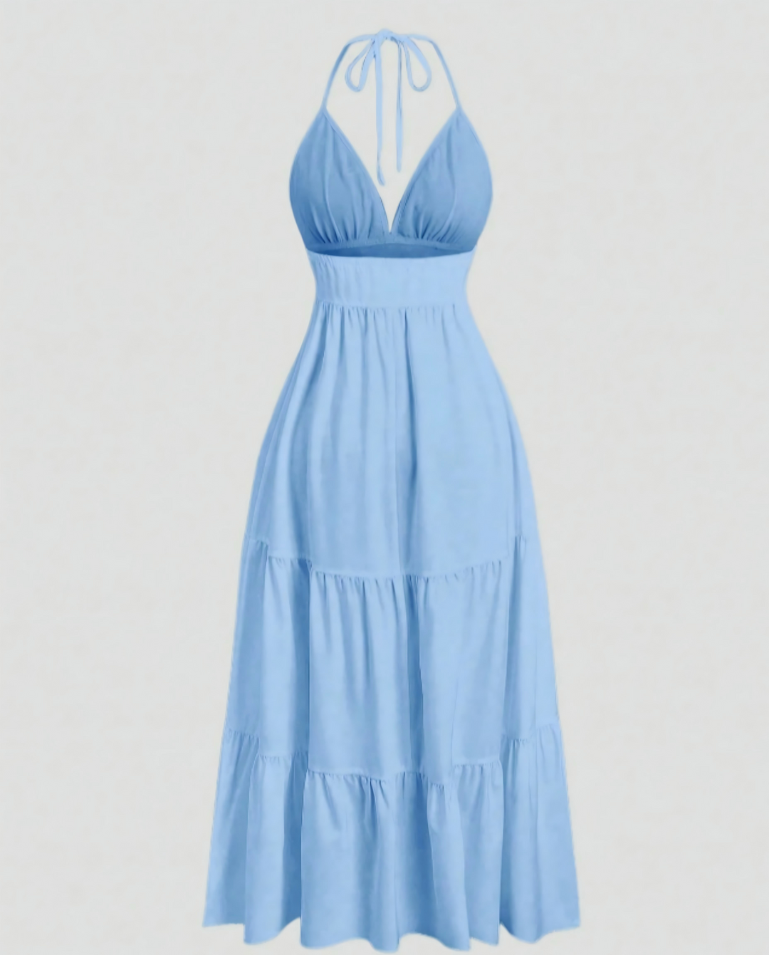 SOLACELight Blue Halter V Neck Coin Trim Tiered Midi Dress