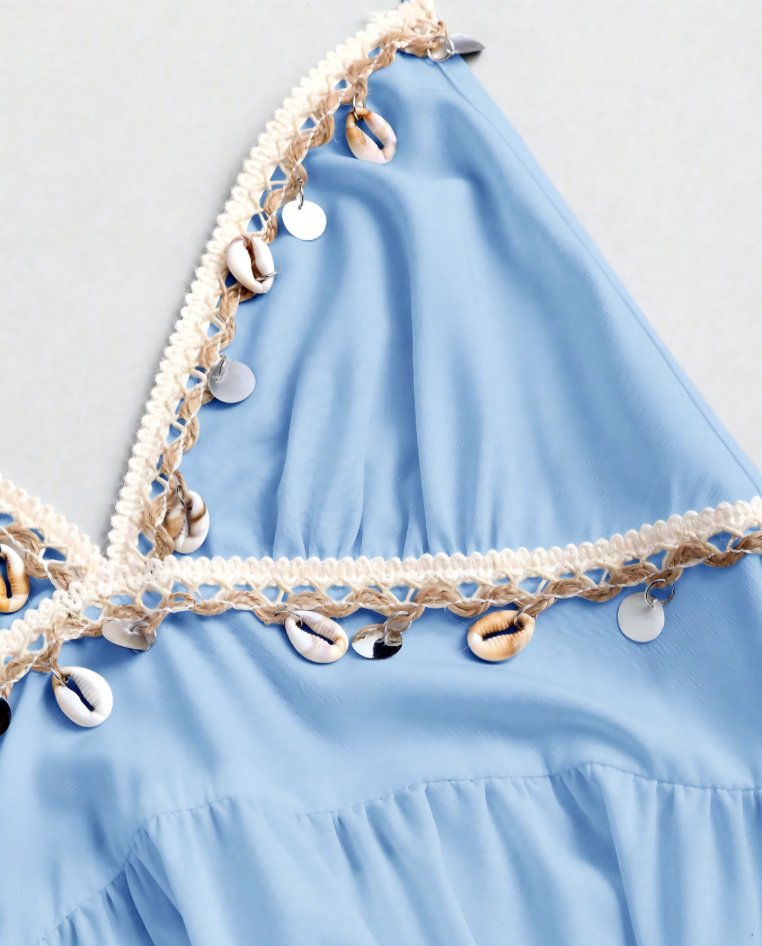 SOLACELight Blue Halter V Neck Coin Trim Tiered Midi Dress