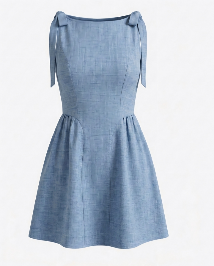 SOLACELight Blue Linen Blend Tie-Shoulder A-Line Mini Dress