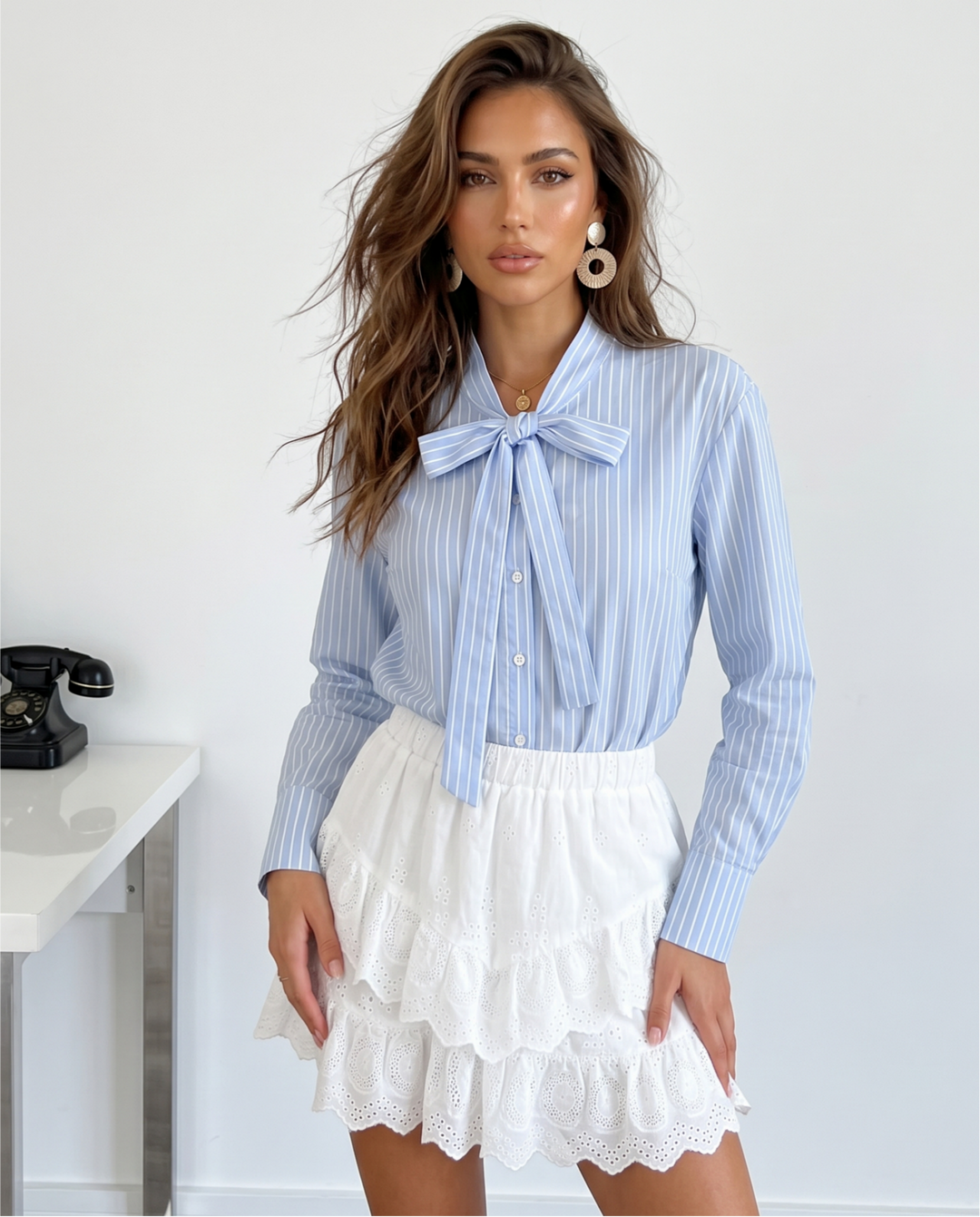 SOLACELight Blue White Vertical Stripe Neck Bow Tie Long Sleeve Shirt