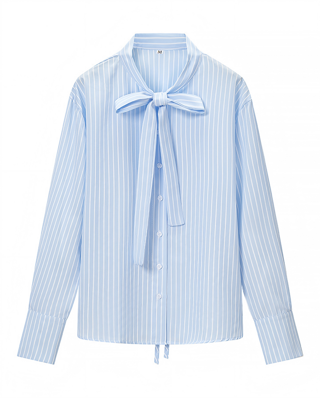 SOLACELight Blue White Vertical Stripe Neck Bow Tie Long Sleeve Shirt