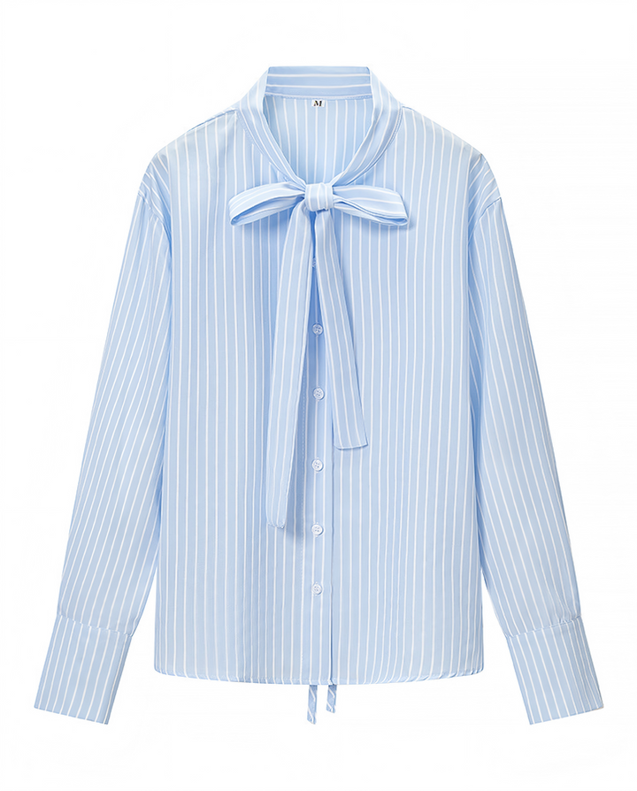 SOLACELight Blue White Vertical Stripe Neck Bow Tie Long Sleeve Shirt