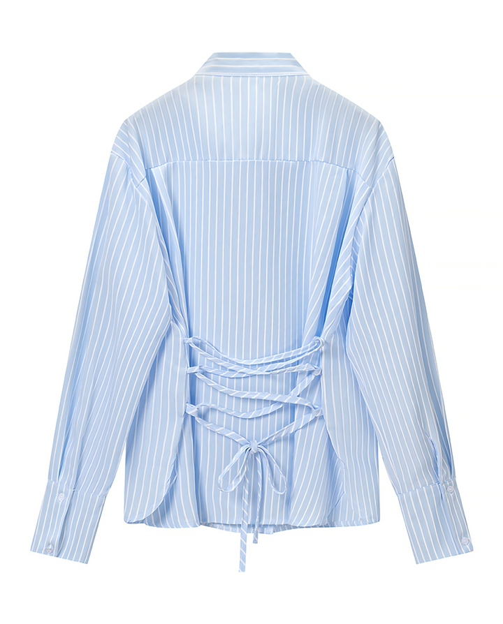 SOLACELight Blue White Vertical Stripe Neck Bow Tie Long Sleeve Shirt