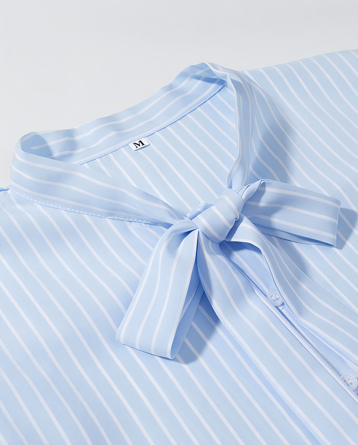 SOLACELight Blue White Vertical Stripe Neck Bow Tie Long Sleeve Shirt