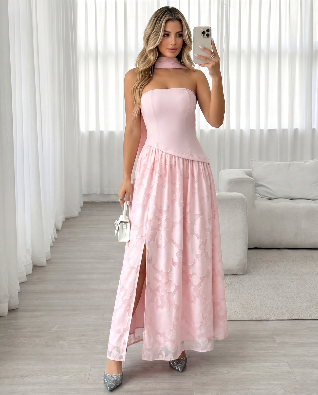 SOLACELight Pink Embossed Floral Strapless Halter Choker Split Maxi Dress