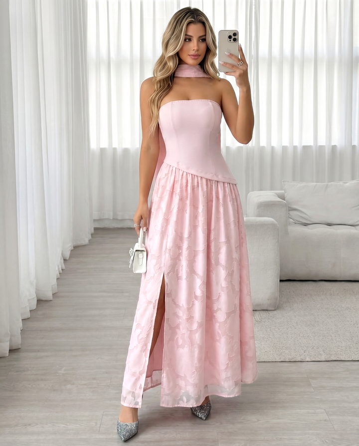 SOLACELight Pink Embossed Floral Strapless Halter Choker Split Maxi Dress