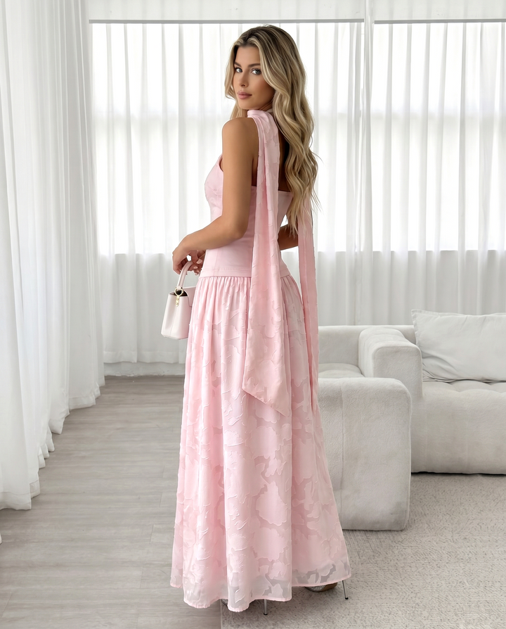 SOLACELight Pink Embossed Floral Strapless Halter Choker Split Maxi Dress