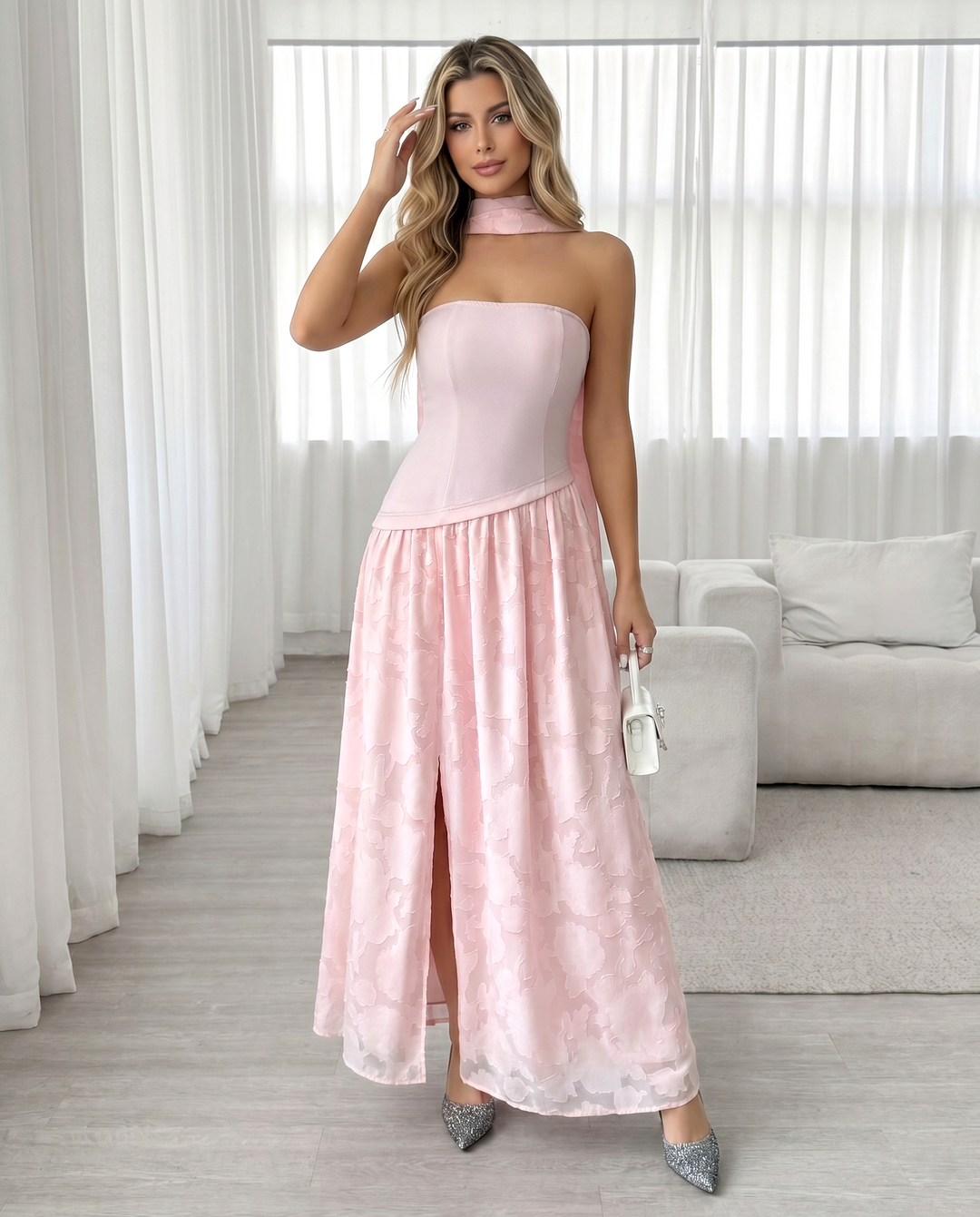 SOLACELight Pink Embossed Floral Strapless Halter Choker Split Maxi Dress