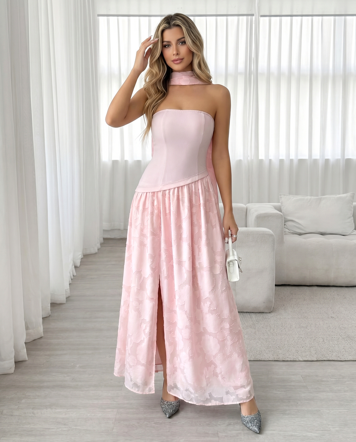 SOLACELight Pink Embossed Floral Strapless Halter Choker Split Maxi Dress