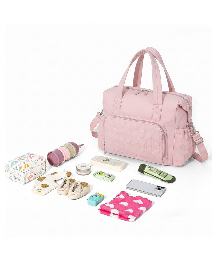 SOLACELight Pink Quilted Dot Nylon Handheld Crossbody Duffle Travel Bag