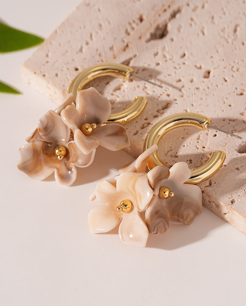 SOLACEMarbled Floral Gold C-Hoop Stud Earrings