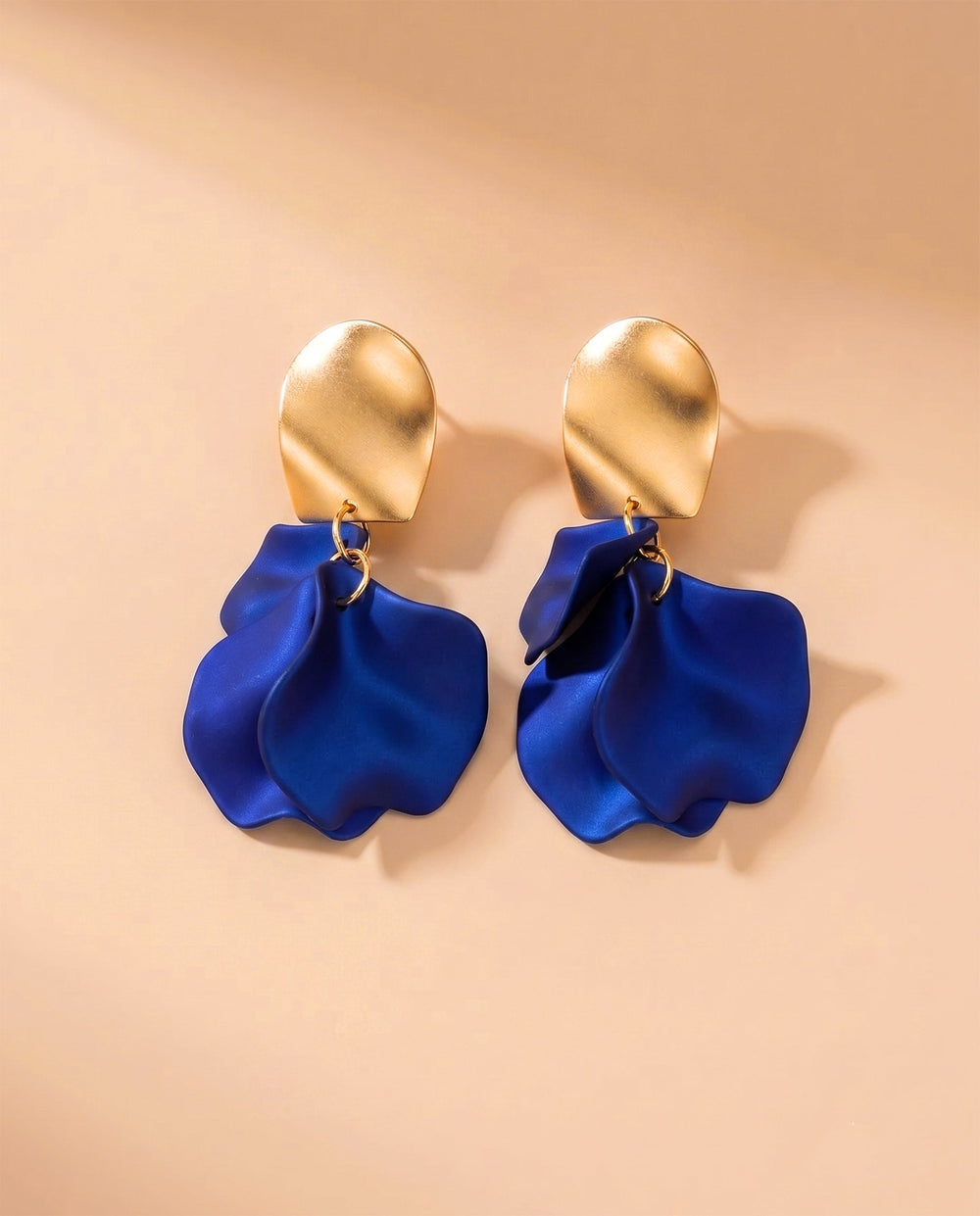 SOLACEMatte Royal Blue Petal Layered Drop Earrings with Brushed Gold Stud Tops