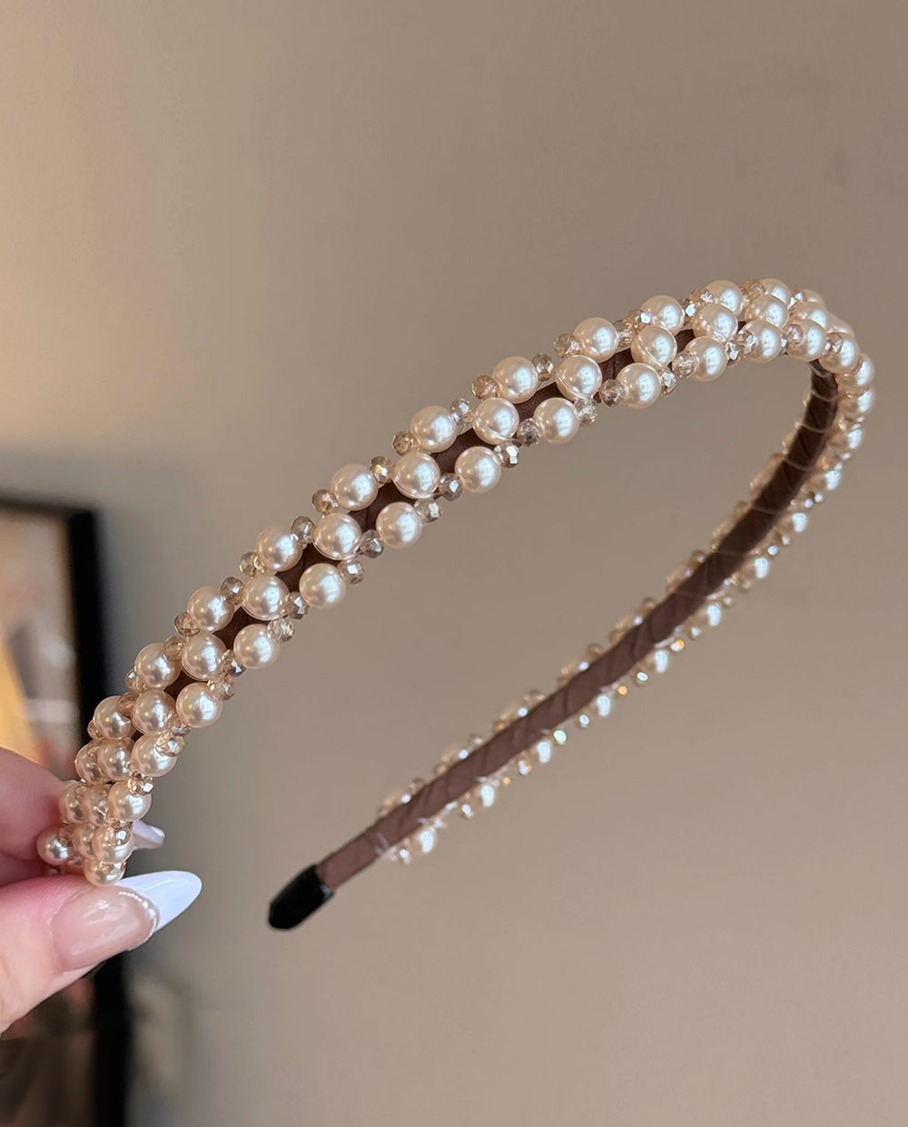 SOLACEMixed Pearl & Clear Rhinestone Wrapped Thin Headband