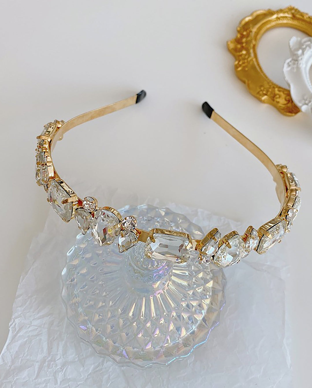 SOLACEMixed Shape Crystal Thin Gold Headband Set
