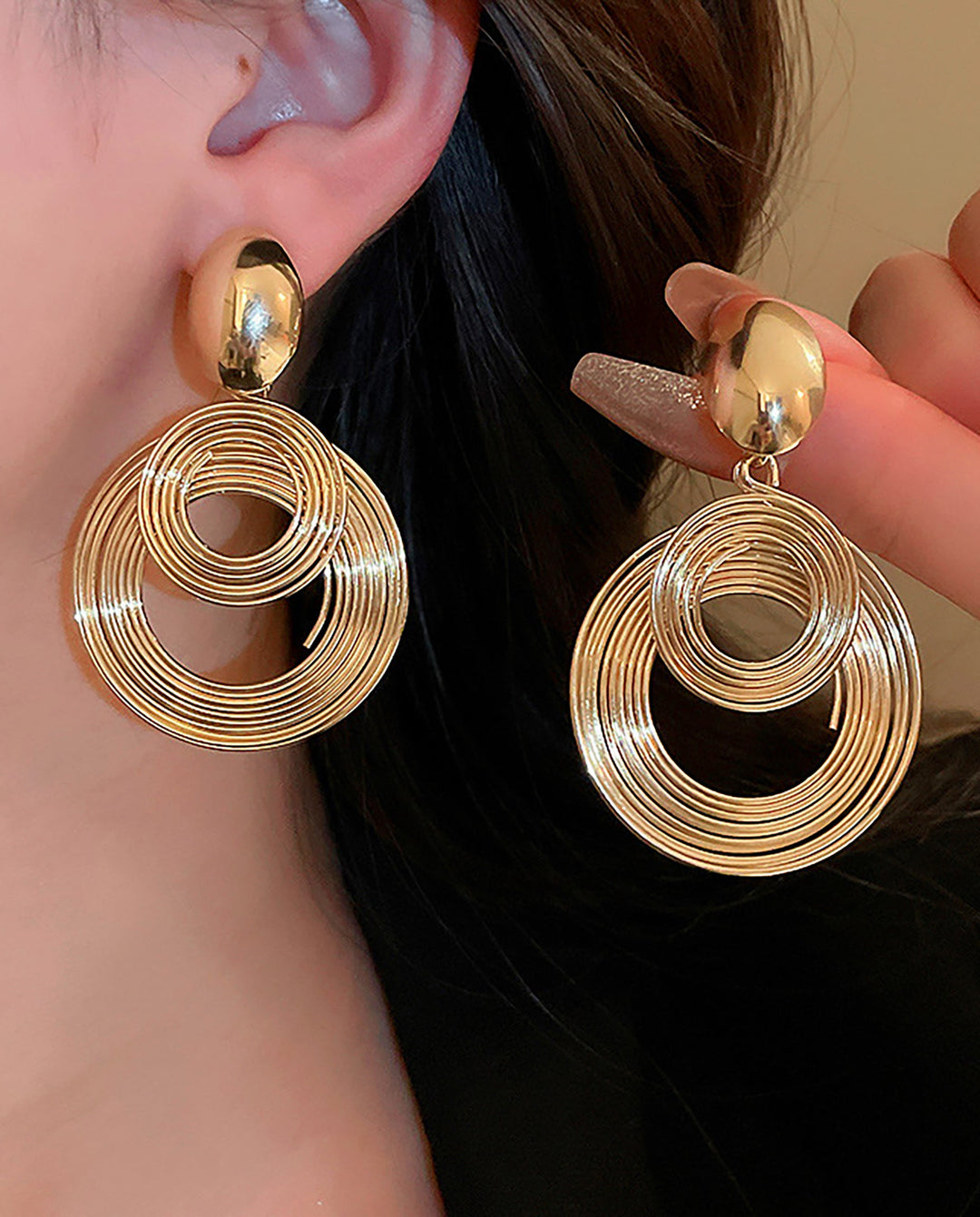 SOLACEMulti-Layer Coiled Wire Double Circle Gold Drop Earrings
