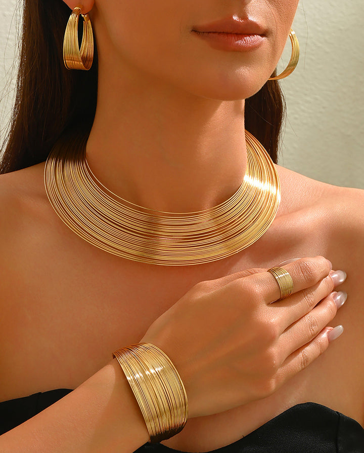 SOLACEMulti Wire Layered Gold Choker Jewelry 5 pcs Set Earrings Cuff Bangle Ring