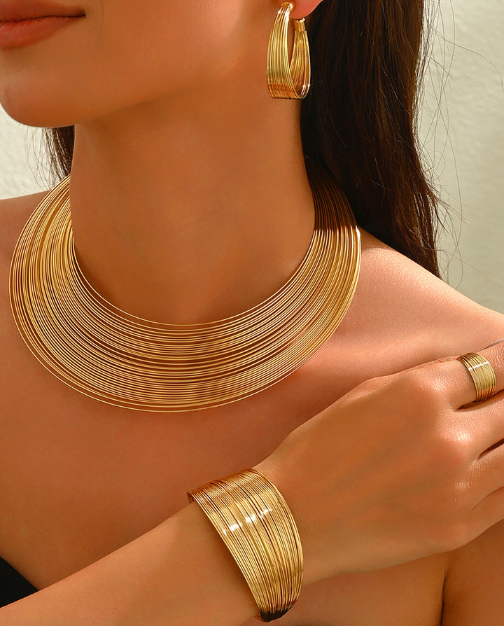 SOLACEMulti Wire Layered Gold Choker Jewelry 5 pcs Set Earrings Cuff Bangle Ring