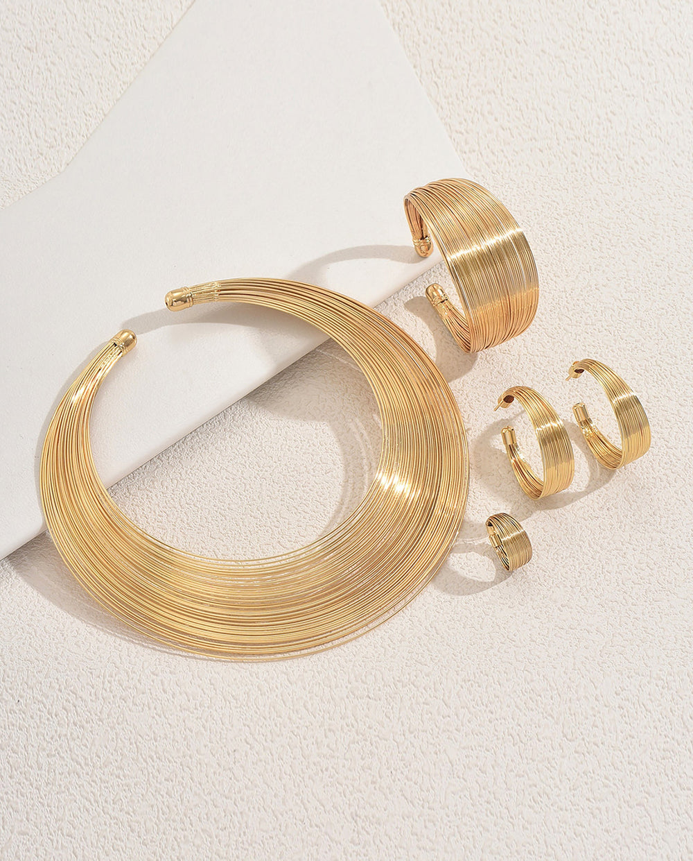 SOLACEMulti Wire Layered Gold Choker Jewelry 5 pcs Set Earrings Cuff Bangle Ring