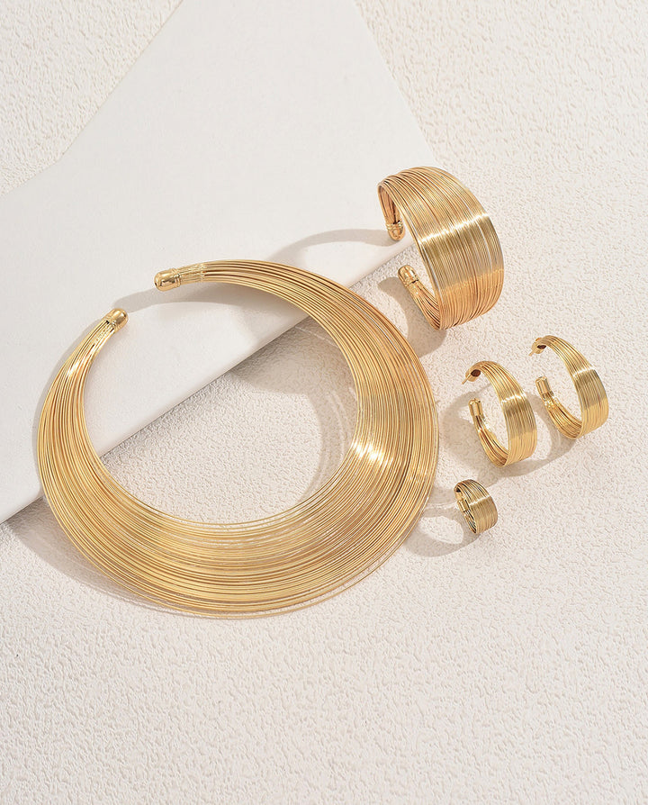 SOLACEMulti Wire Layered Gold Choker Jewelry 5 pcs Set Earrings Cuff Bangle Ring
