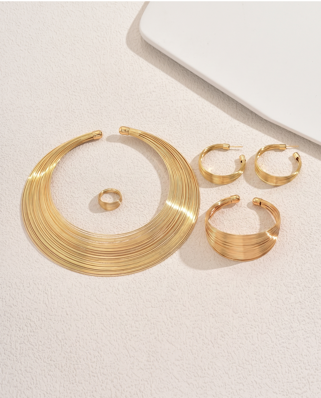 SOLACEMulti Wire Layered Gold Choker Jewelry 5 pcs Set Earrings Cuff Bangle Ring