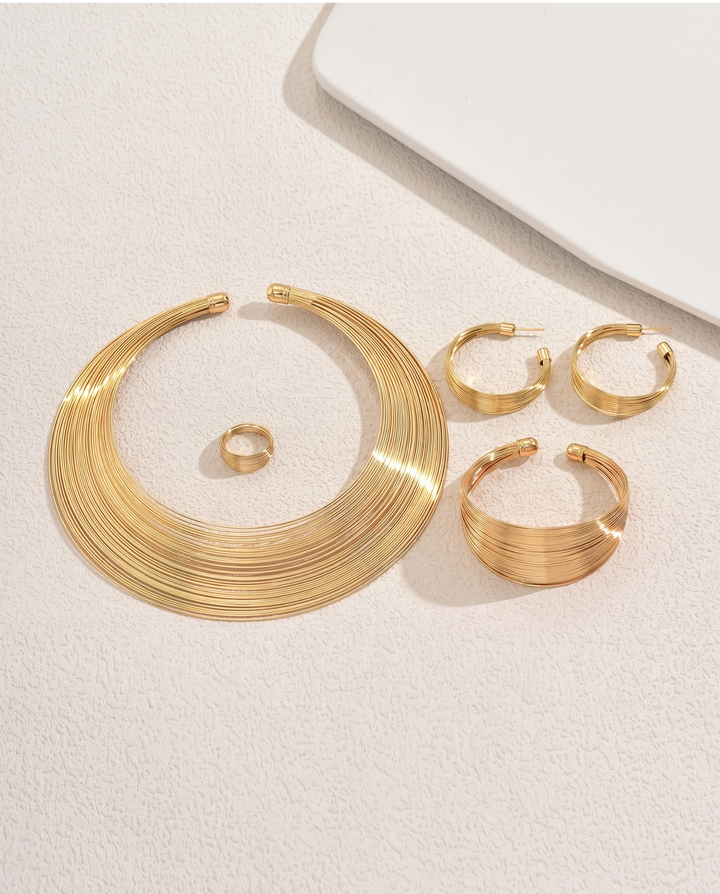 SOLACEMulti Wire Layered Gold Choker Jewelry 5 pcs Set Earrings Cuff Bangle Ring