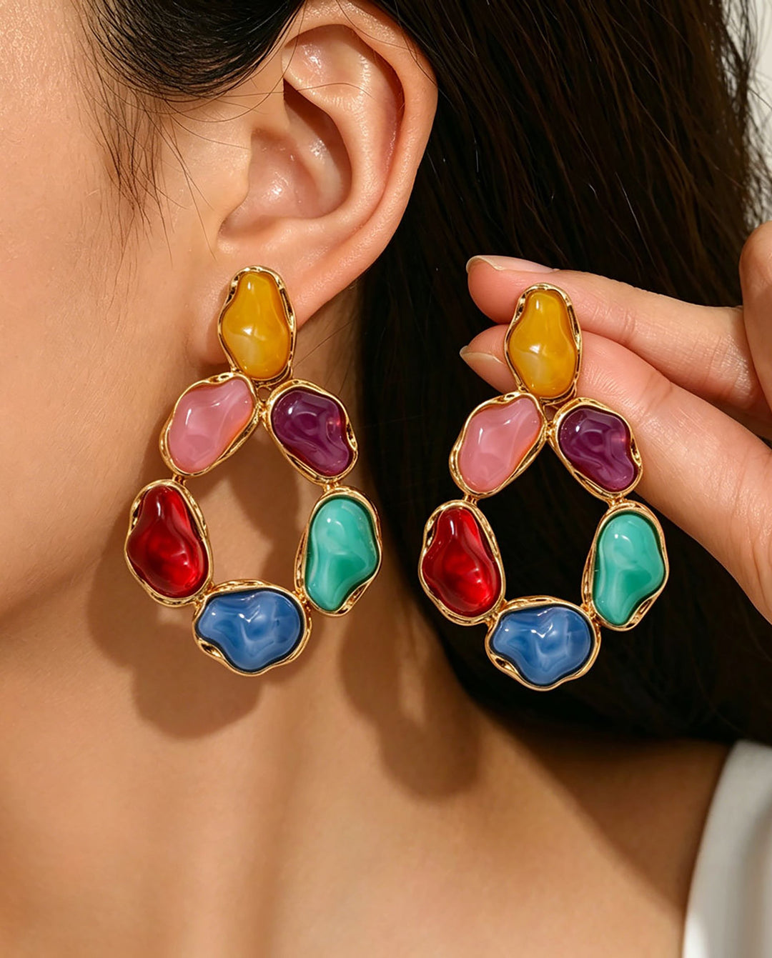 SOLACEMulticolor Irregular Stone Gold Frame Teardrop Hoop Drop Earrings