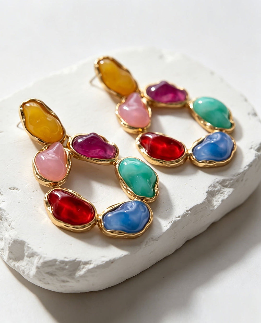 SOLACEMulticolor Irregular Stone Gold Frame Teardrop Hoop Drop Earrings