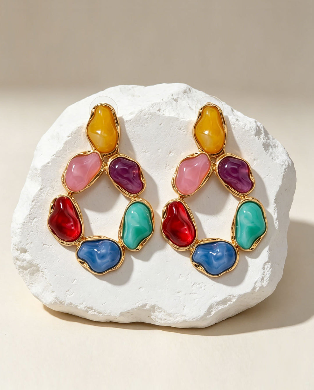 SOLACEMulticolor Irregular Stone Gold Frame Teardrop Hoop Drop Earrings