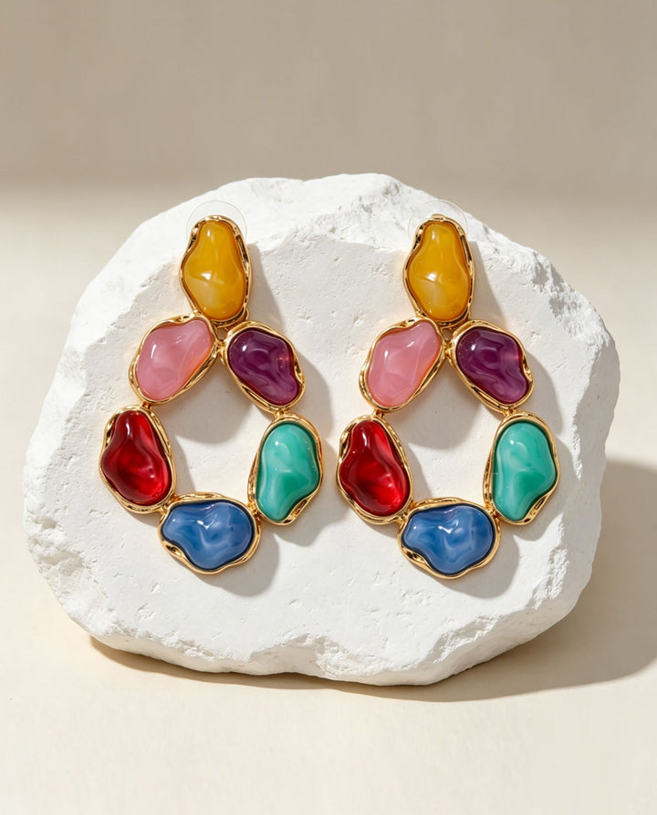 SOLACEMulticolor Irregular Stone Gold Frame Teardrop Hoop Drop Earrings