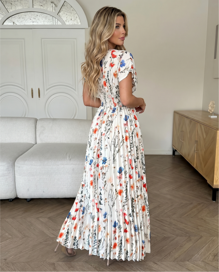 SOLACEMulticolor Wild Floral V Neck Twist Bust Pleated Cap Sleeve Maxi Dress