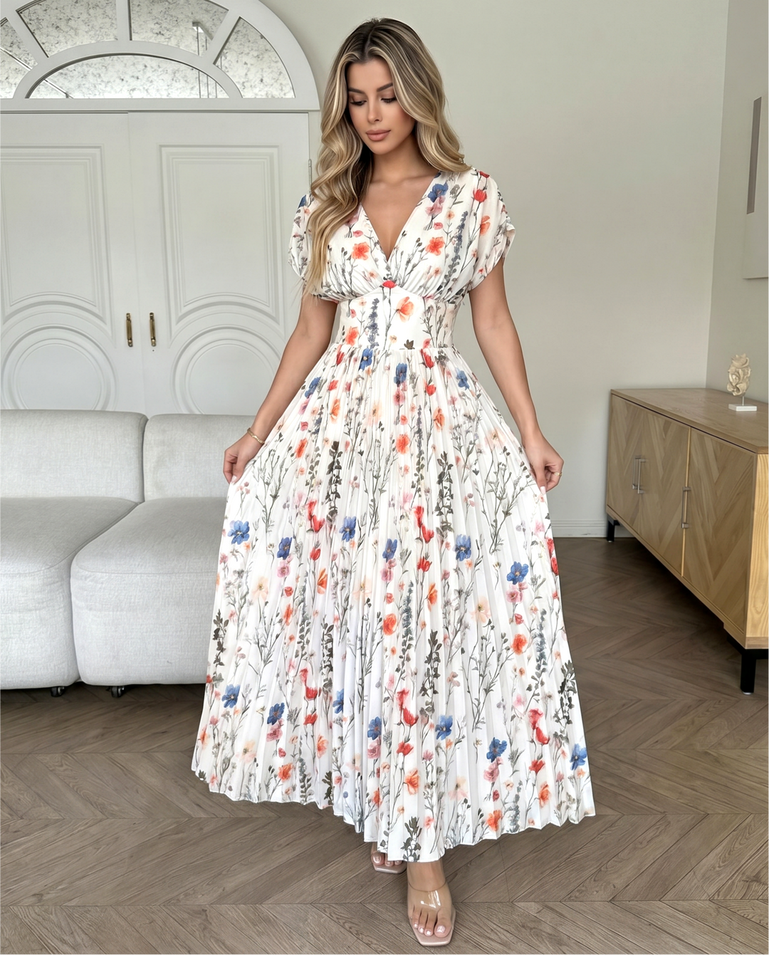 SOLACEMulticolor Wild Floral V Neck Twist Bust Pleated Cap Sleeve Maxi Dress