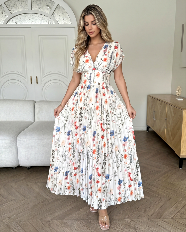 SOLACEMulticolor Wild Floral V Neck Twist Bust Pleated Cap Sleeve Maxi Dress