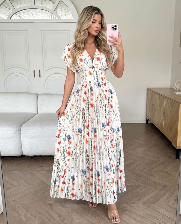 SOLACEMulticolor Wild Floral V Neck Twist Bust Pleated Cap Sleeve Maxi Dress
