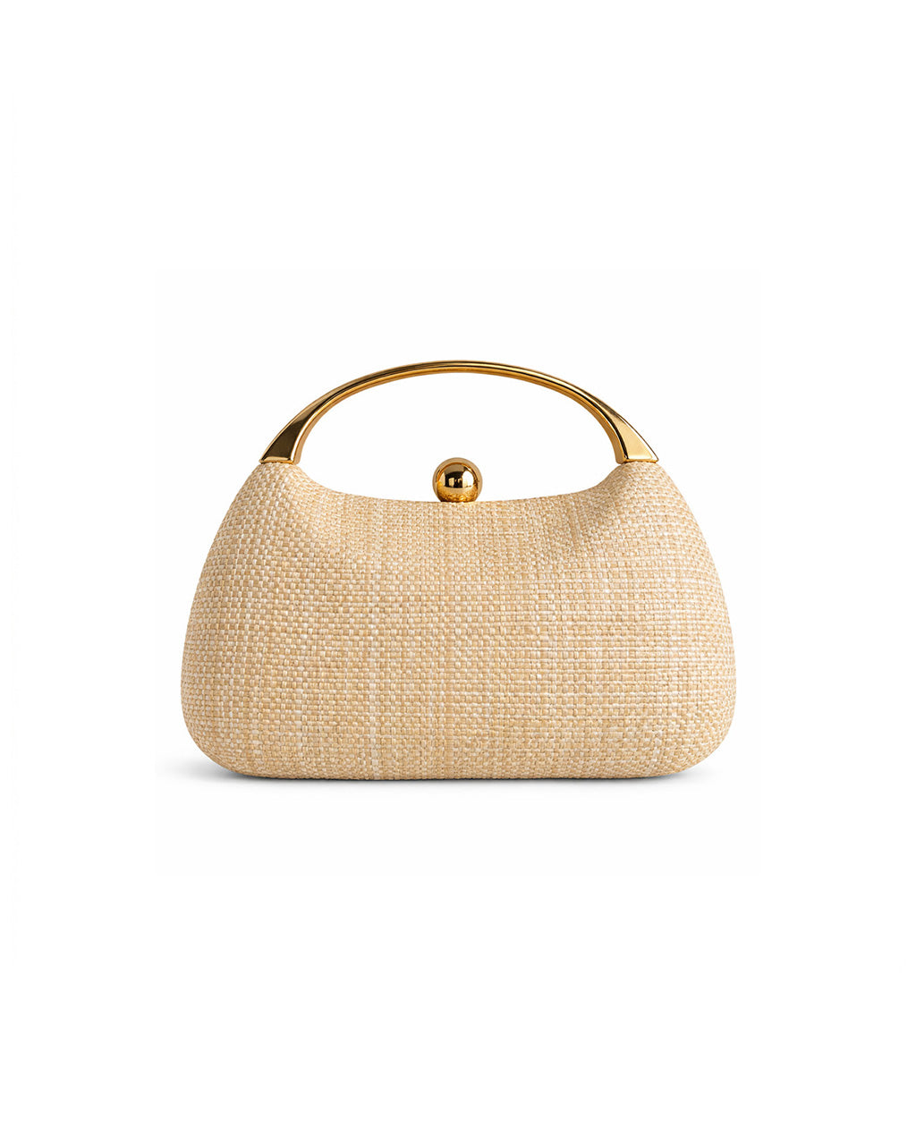SOLACENatural Woven Straw Oval Gold Top Handle Kiss Lock Clutch Bag
