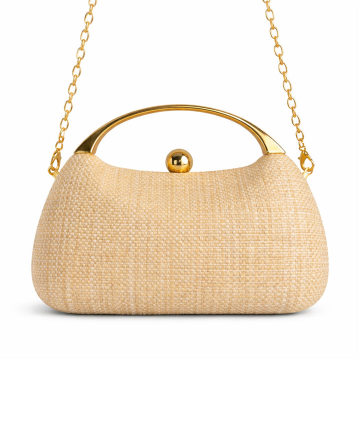 SOLACENatural Woven Straw Oval Gold Top Handle Kiss Lock Clutch Bag