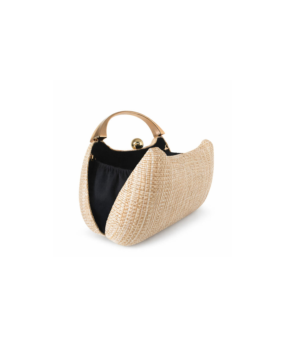 SOLACENatural Woven Straw Oval Gold Top Handle Kiss Lock Clutch Bag