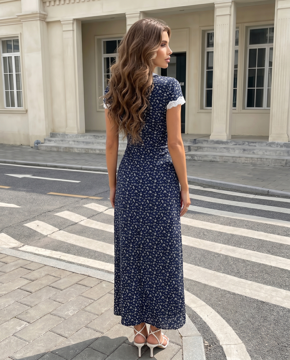 SOLACENavy Blue Floral Lace Trim Midi Dress